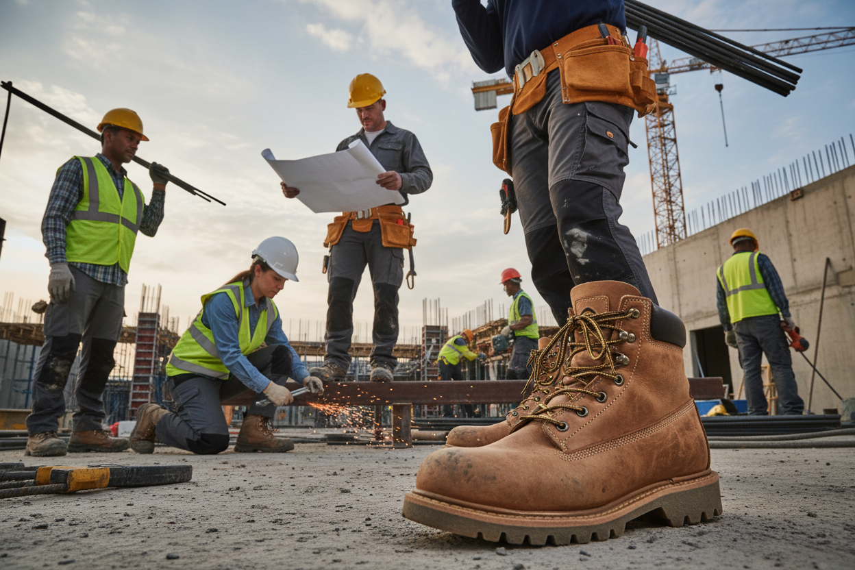 Construction workers in action with work boots